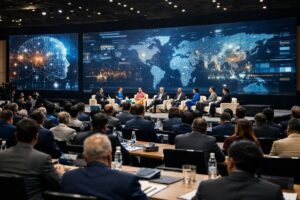 AI Summit 2026 Delhi at Bharat Mandapam showcasing global technology leaders discussing responsible artificial intelligence innovation and policy collaboration.