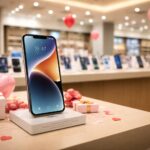 apple iphone 17 croma sale promotional concept showing premium smartphone retail environment with festive valentine sale atmosphere and modern apple device display