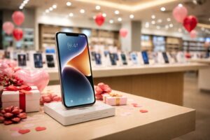 apple iphone 17 croma sale promotional concept showing premium smartphone retail environment with festive valentine sale atmosphere and modern apple device display