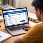 BIEAP hall ticket 2026 admit card displayed on laptop screen showing ap intermediate hall ticket download 2026 pdf process from bie.ap.gov.in 2026 hall ticket portal for intermediate students.