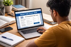 BIEAP hall ticket 2026 admit card displayed on laptop screen showing ap intermediate hall ticket download 2026 pdf process from bie.ap.gov.in 2026 hall ticket portal for intermediate students.