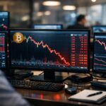 Bitcoin price crash concept showing cryptocurrency market charts falling on digital trading screens with investor analysis environment