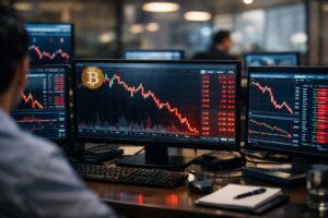 Bitcoin price crash concept showing cryptocurrency market charts falling on digital trading screens with investor analysis environment