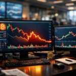 Bitcoin price market chart showing btc price volatility with cryptocurrency trading screens and digital crypto market analysis environment.
