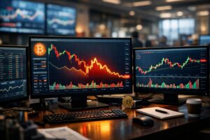 Bitcoin price market chart showing btc price volatility with cryptocurrency trading screens and digital crypto market analysis environment.