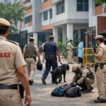 Delhi schools bomb threat emails lead to increased security checks at educational institutions with police teams inspecting school premises in New Delhi.