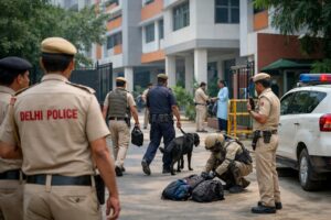 Delhi schools bomb threat emails lead to increased security checks at educational institutions with police teams inspecting school premises in New Delhi.