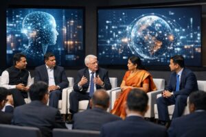 India AI Impact Summit conference concept showing AI policy discussion and government-led artificial intelligence strategy event in India