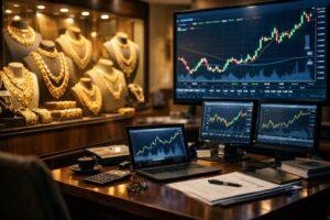 Kalyan Jewellers showroom with gold jewellery displays representing kalyan jewellers share price movement after strong Q3 earnings results.