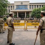 Karimnagar mayoral elections prohibitory orders enforced with heavy police security deployment and barricades outside municipal building ahead of mayor election in Telangana