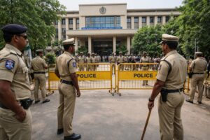 Karimnagar mayoral elections prohibitory orders enforced with heavy police security deployment and barricades outside municipal building ahead of mayor election in Telangana