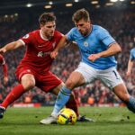 Liverpool vs Man City Premier League match action showing intense midfield battle between Liverpool and Manchester City players at Anfield stadium during high-pressure game.