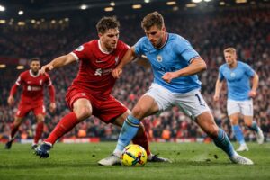 Liverpool vs Man City Premier League match action showing intense midfield battle between Liverpool and Manchester City players at Anfield stadium during high-pressure game.