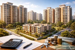 mhada lottery 2026 Pune housing draw concept showing modern affordable housing buildings and real estate analysis environment representing mhada pune housing scheme