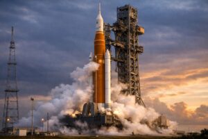 nasa artemis rocket launch Artemis 2 fueling test at Kennedy Space Center with Space Launch System rocket on launch pad