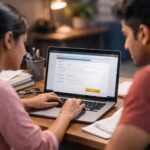 Students completing neet 2026 registration online on official NTA website using laptop with exam preparation materials on desk