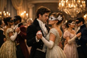 Ultra-high-resolution editorial image inspired by netflix bridgerton showing Regency-era masquerade ballroom scene with elegant aristocratic costumes, romantic atmosphere, and cinematic period drama setting.