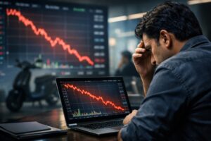 Ola Electric shares plunge 84% shown on stock market screen as investor analyzes falling EV company share price