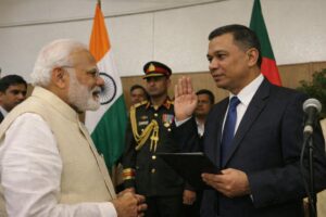 PM Modi Tarique Rahman swearing-in ceremony concept showing diplomatic meeting environment symbolizing India Bangladesh relations and regional political transition
