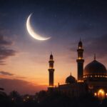 ramadan dates 2026 moon sighting announcement concept with Islamic crescent moon, mosque silhouette and spiritual Ramadan fasting atmosphere