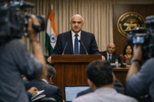 RBI governor announcing rbi policy feb 2026 monetary policy decision with repo rate unchanged during rbi mpc meeting press conference