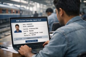 rrb section controller admit card 2026 railway exam hall ticket interface showing exam city details and CBT exam schedule on computer screen