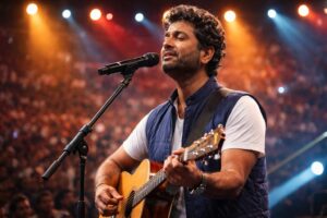 Singer arijit singh performing live on stage during a Bollywood music concert, highlighting discussions about playback singing, artist rights, and evolving music industry trends.