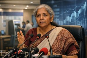 Finance Minister Nirmala Sitharaman speaking on sitharaman public sector bank merger decision and PSU banking reforms in India.