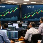Stock market today showing Sensex and Nifty 50 rising on digital trading screens amid positive global cues