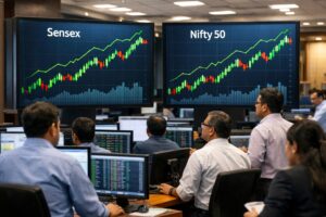 Stock market today showing Sensex and Nifty 50 rising on digital trading screens amid positive global cues