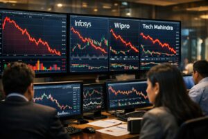 tcs share price fall with nifty it index decline showing infosys share price, wipro share price and tech mahindra share price movement in Indian IT stocks market analysis