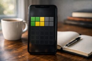 Today wordle hints for February 24, 2026 displayed on smartphone screen with Wordle puzzle grid in background