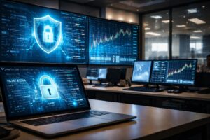 Vijay Kedia cybersecurity investment concept showing digital security technology environment representing India cybersecurity stock market growth and investor strategy.