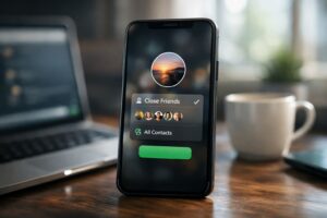 WhatsApp Close Friends feature concept showing smartphone with private Status sharing interface and selective audience privacy controls