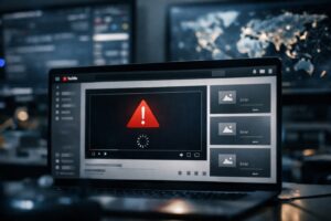 youtube outage news concept showing disrupted video streaming platform with digital error visuals and global technology network atmosphere