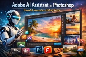 Adobe AI assistant in Photoshop demonstrating generative AI image editing features.