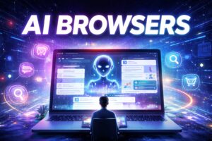 AI browsers concept showing AI-powered browsing interface with futuristic digital assistant and smart web navigation on laptop screen