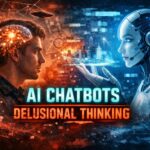 AI chatbots delusional thinking concept showing human brain interacting with artificial intelligence