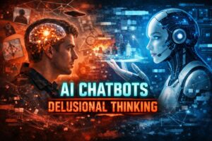 AI chatbots delusional thinking concept showing human brain interacting with artificial intelligence