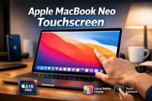 Apple MacBook Neo touchscreen laptop concept showing next-generation Apple budget laptop with Liquid Retina display