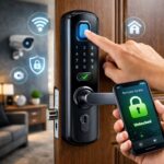 Best smart door locks installed on modern home entrance showing biometric fingerprint access and smart home security technology