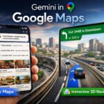 Gemini in Google Maps showing Ask Maps AI search and immersive 3D navigation on a smartphone screen