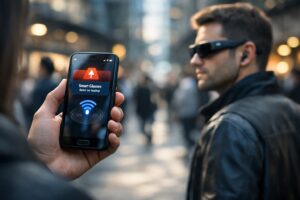 Nearby Glasses app detecting smart glasses nearby using Bluetooth signals to alert users about wearable camera surveillance.