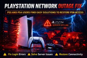PlayStation Network outage fix guide showing PS5 and PS4 solutions for PSN login and server issues