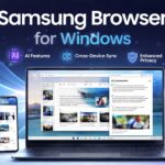Samsung Browser for Windows AI features interface with cross-device syncing on desktop screen