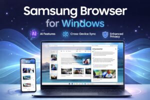 Samsung Browser for Windows AI features interface with cross-device syncing on desktop screen