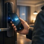 Samsung Wallet Digital Home Key feature showing Galaxy smartphone unlocking smart door lock using secure digital home access technology