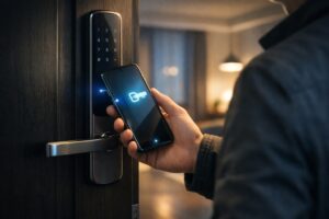Samsung Wallet Digital Home Key feature showing Galaxy smartphone unlocking smart door lock using secure digital home access technology