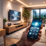 Smart home automation guide showing modern automated lighting, smart security system and connected home devices setup