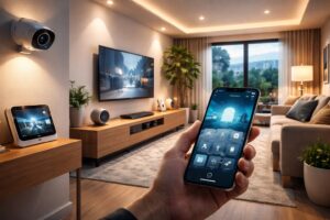 Smart home automation guide showing modern automated lighting, smart security system and connected home devices setup